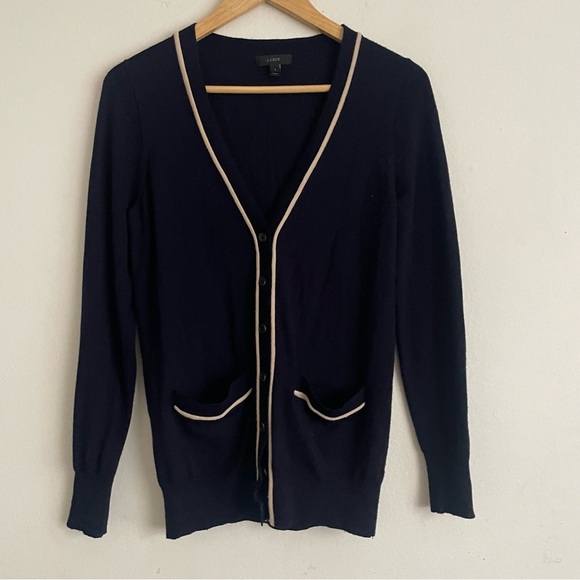 J. Crew 100% Merino Wool Cardigan Sweater Navy with Contrast Trim - Size S - Picture 1 of 6